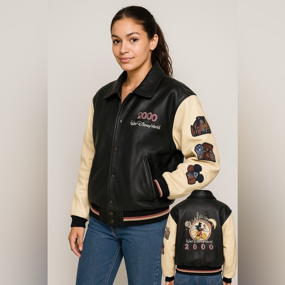 Disney 2000 Millennium Leather Varsity Bomber Jacket Mickey Mouse Sz L Rare - Picture 1 of 16
